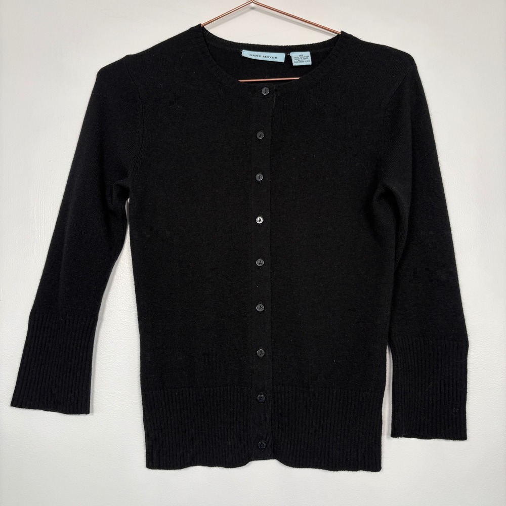 Gene Meyer Women Cardigan XS Black 100% Cashmere Button Front Ribbed Trim Luxury